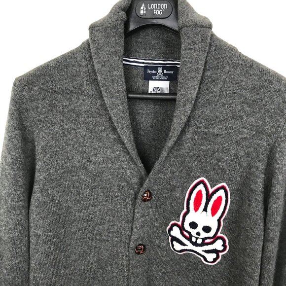 Psycho Bunny Shawl Neck Gray 100% Wool Cardigan Size M - Picture 4 of 8